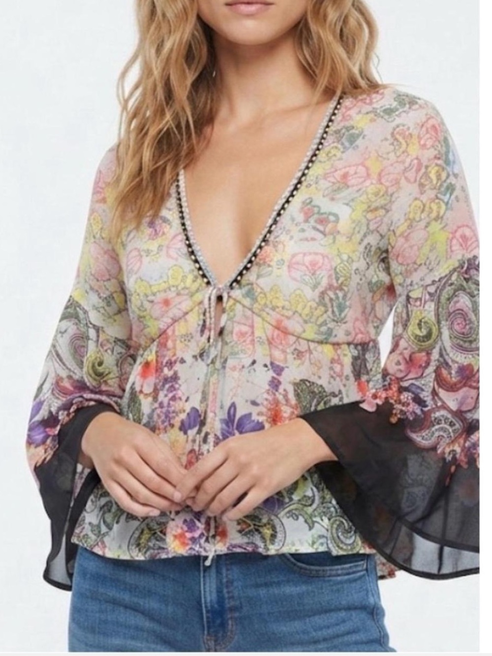 NATURAL LIFE Floral V-Neck Tie-Front Tunic - Pink, Purple, Yellow